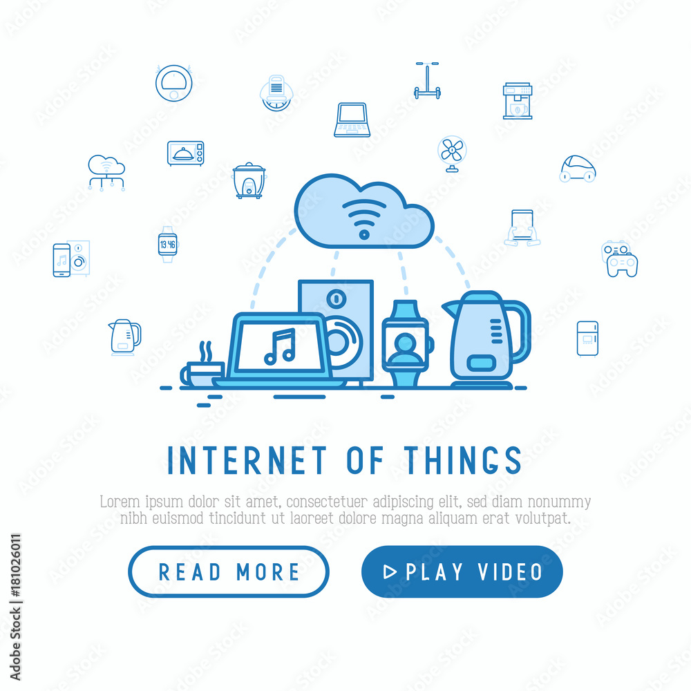 Internet of things concept with thin line icons: laptop, smart watch, cloud computing technology, kettle, speaker. Template for web page. Vector illustration. Internet of things concept with thin line icons: laptop, smart watch, cloud computing technology, kettle, speaker. Template for web page. Vector illustration.