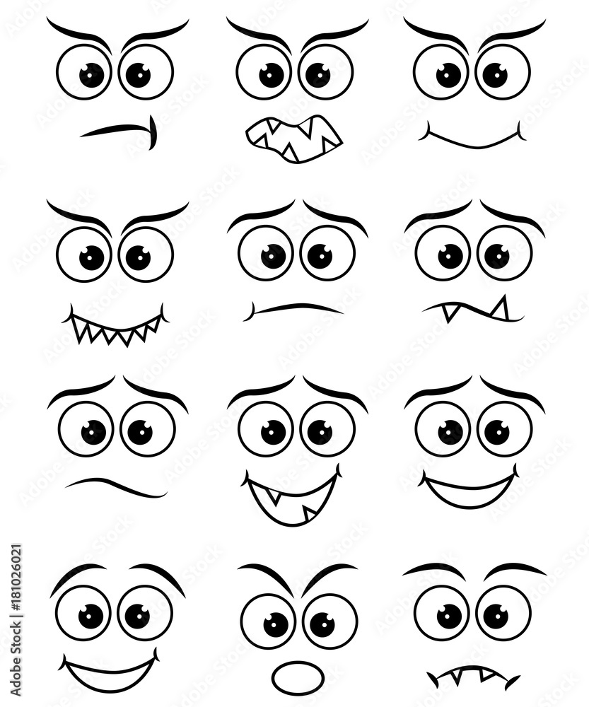 Cartoon faces expression line icons set. Set of emoticons or emoji illustration line icons. Smile icons line art isolated vector illustration on white background