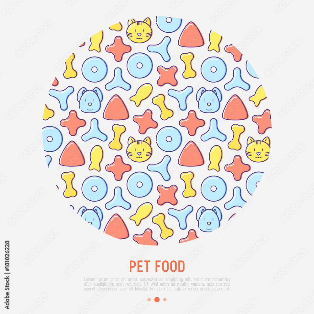 Pet food concept in circle with thin line icons of dry food in different shapes and cute dog and cat. Modern vector illustration. Pet food concept in circle with thin line icons of dry food in different shapes and cute dog and cat. Modern vector illustration.