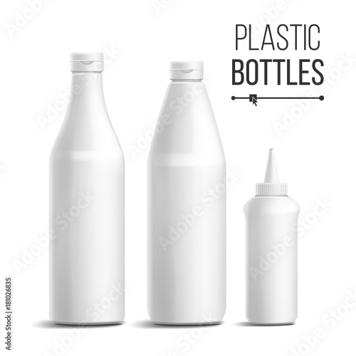 White Bottle Set Vector. 3D Realistic Blank. Plastic White Clean Tomato, Sauce, Mayonnaise Bottles. Mock Up Good For Branding Design. Isolated On White Background Illustration