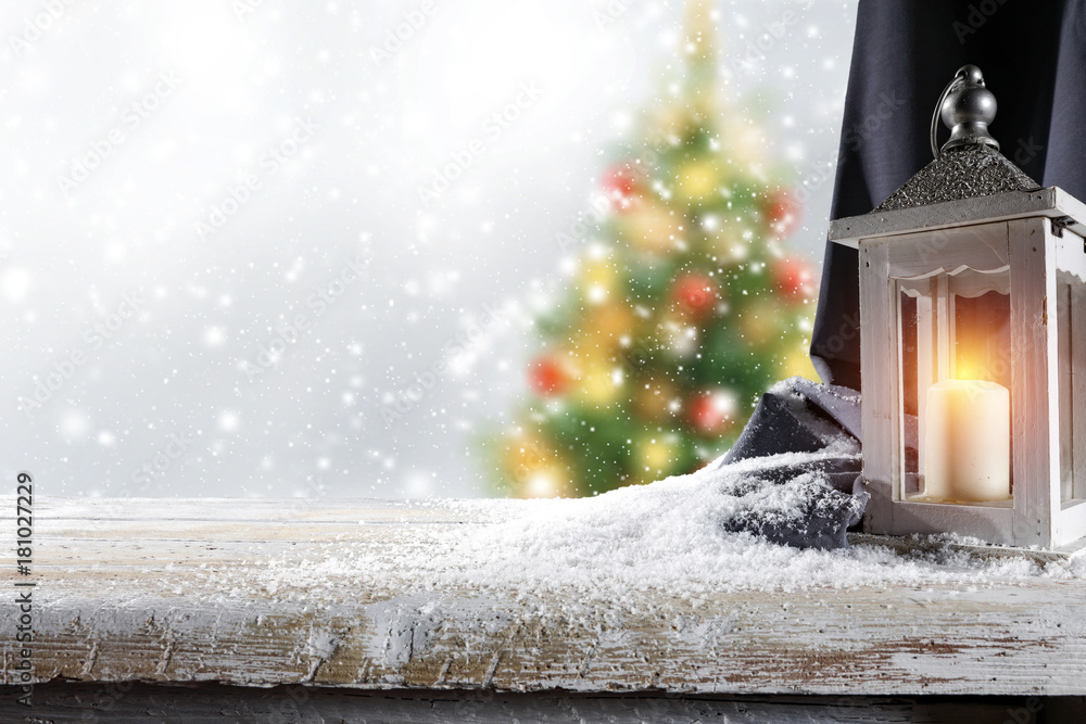 Fototapeta premium christmas wooden table and tree 