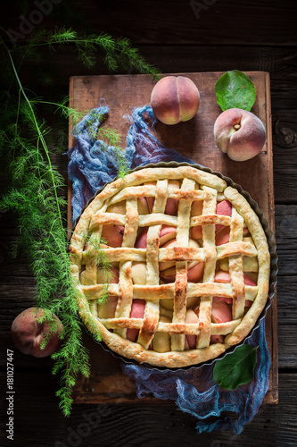 Homemade and delicious peaches pie made of fresh ingredients