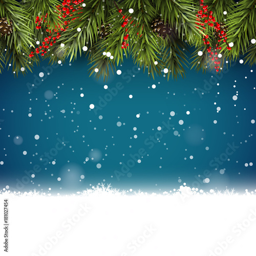 Christmas background with fir branches and pine cones on blue background