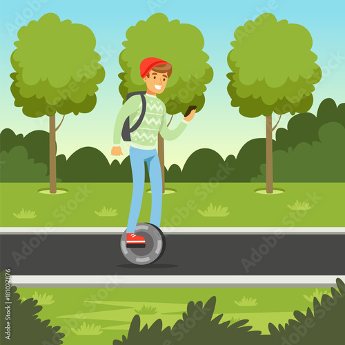 Young man riding on gyroscope in the park, man on self balancing modern electric scooter vector illustration