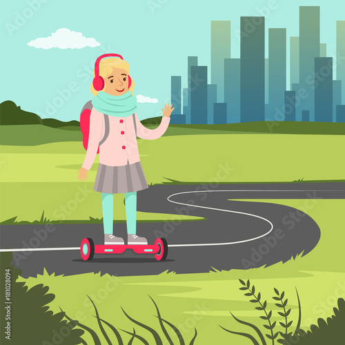 Smiling school girl riding on gyroscope on city background, balancing modern electric scooter vector illustration