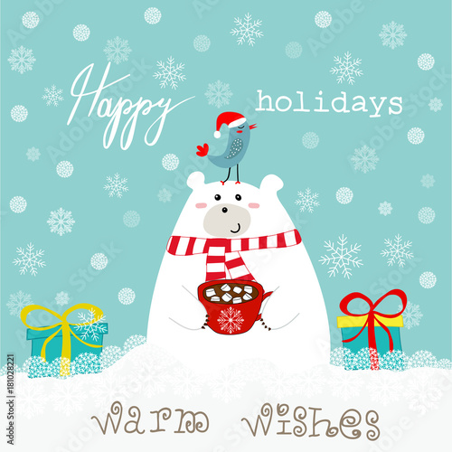 Hand drawn cute polar bear holding mug with hot chocolate marshmallows. Gift boxes kawaii bird in santa clause hat on his head happy holidays text lettering blue white snowy background. Greeting Card