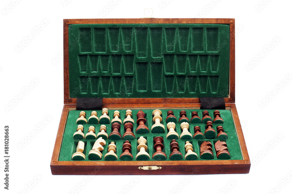 Wooden Chess Pieces On Woollen Baize Base Inside Their Box Wooden Chess Pieces On Woollen Baize Base Inside Their Box