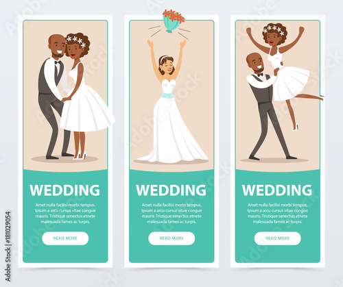 Happy just married couples, wedding banners set flat vector elements for website or mobile app