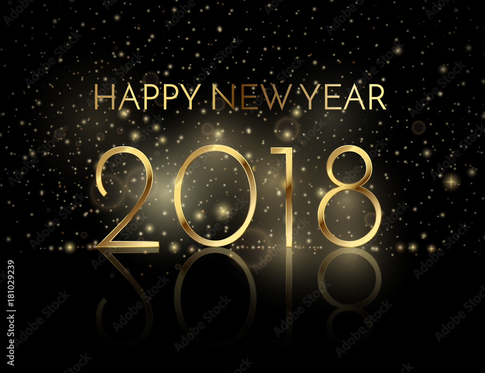 2018 Happy New Year a beautiful gold illustration on a black background with bokeh and ligthing flare effect