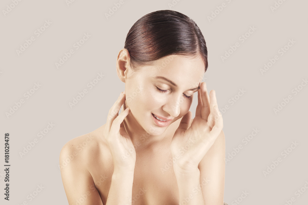 Beauty portrait of a very beutiful brown hair european young girl, nude make up. Studio shoot, white background. Beauty portrait of a very beutiful brown hair european young girl, nude make up. Studio shoot, white background.