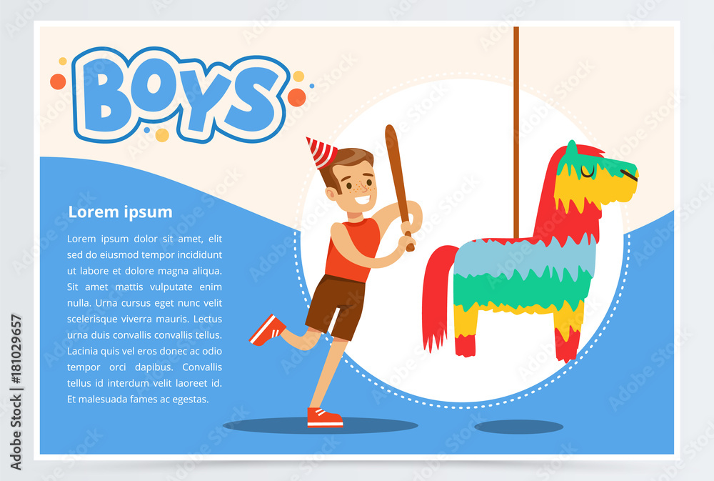 Happy boy breaking Pinata with a baseball bat at his a birthday party, boys banner flat vector element for website or mobile app Happy boy breaking Pinata with a baseball bat at his a birthday party, boys banner flat vector element for website or mobile app