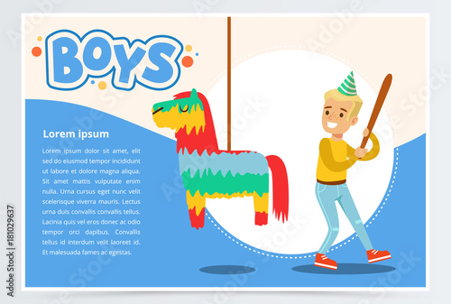 Happy boy breaking Pinata with a baseball bat, cute kid celebrating his birthday, boys banner flat vector element for website or mobile app