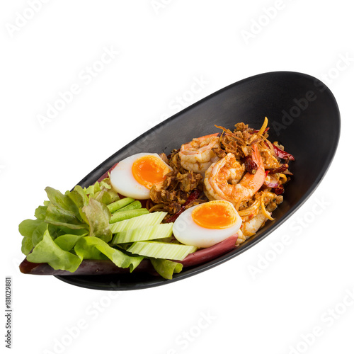 Banana Blossom salad and shrimp with boiled egg isolated on white back ground