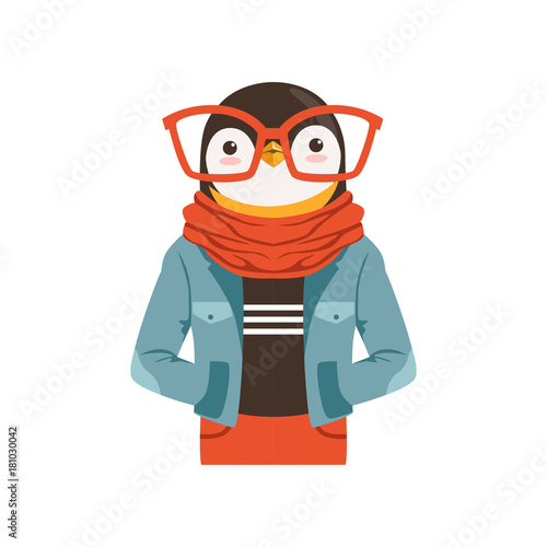 Cute fashion penguin guy character, hipster animal flat vector illustration