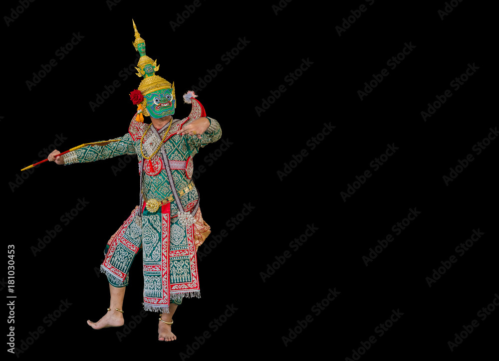 Thotsakan or Ravana, one of the demon king in Thai Ramayana pantomime isolated on black background