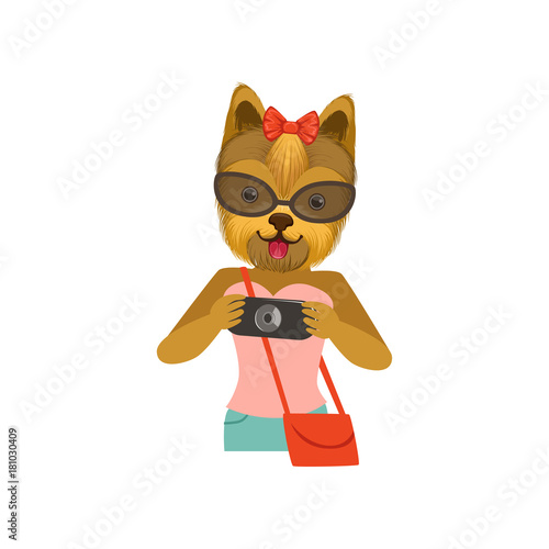 Yorkshire Terrier girl character dressed up in fashionable clothing with camera in its hands, fashion animal flat vector illustration