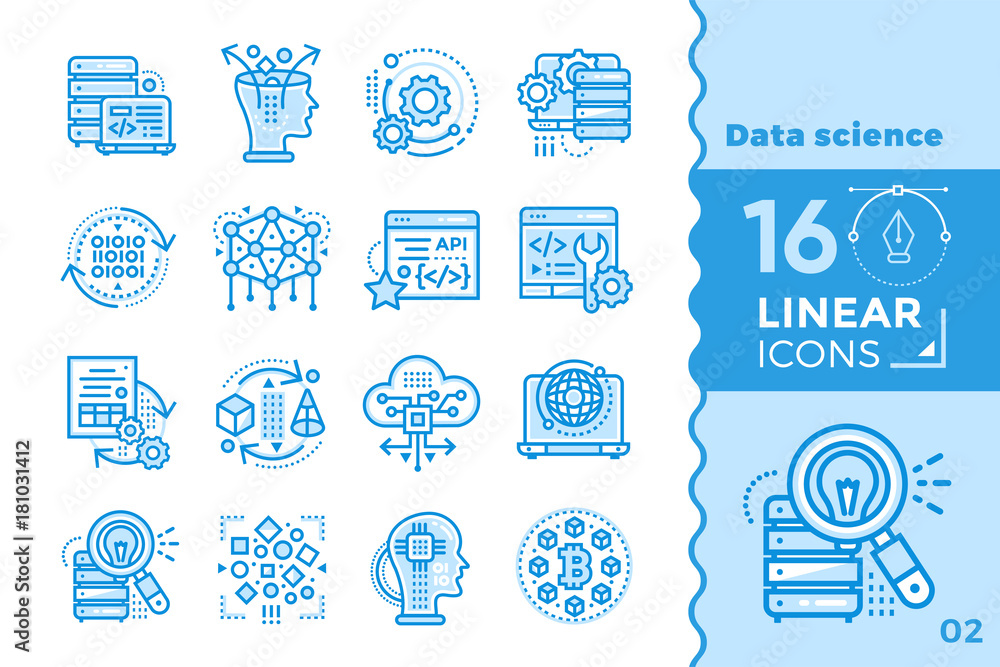 Linear icon set of Data science technology and machine learning process ...