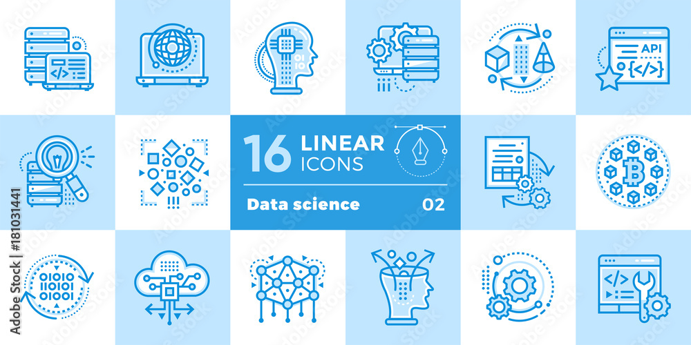 Linear icon set of Data science technology and machine learning process ...