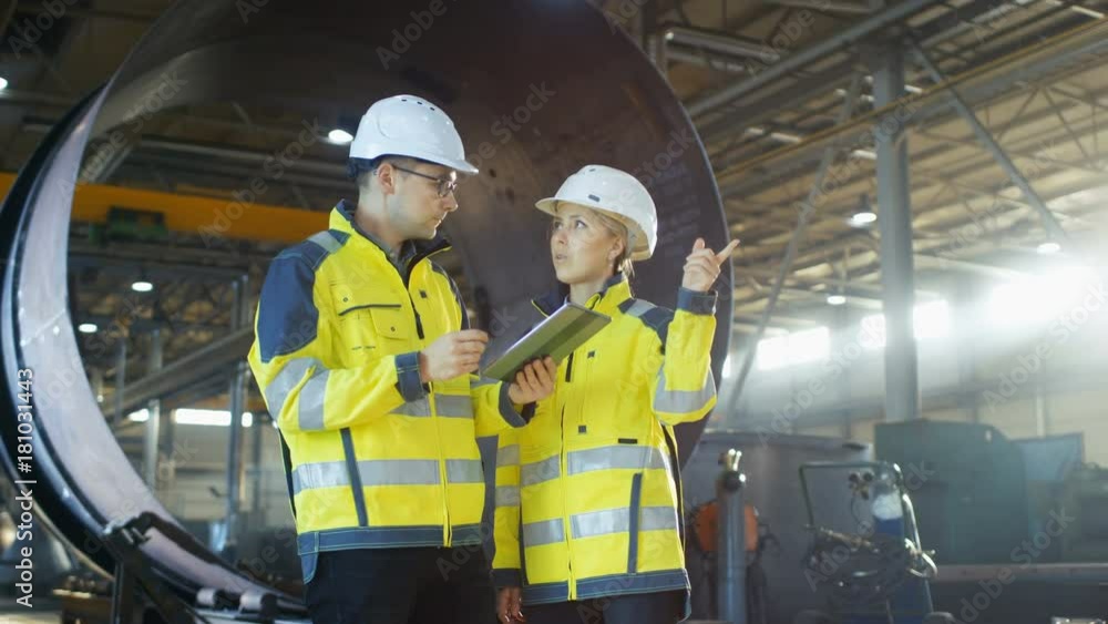 Male and Female Industrial Engineers Have Discussion while Using Tablet Computer. They Work in a Heavy Industry Manufacturing Factory. Male and Female Industrial Engineers Have Discussion while Using Tablet Computer. They Work in a Heavy Industry Manufacturing Factory.