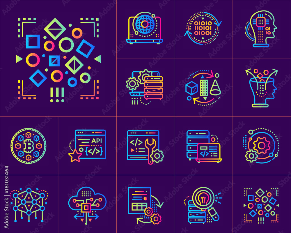 Linear icon set of Data science technology and machine learning process ...