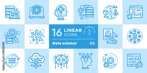 Linear icon set of Data science technology and machine learning process. Material design icon suitable for print, website and presentation