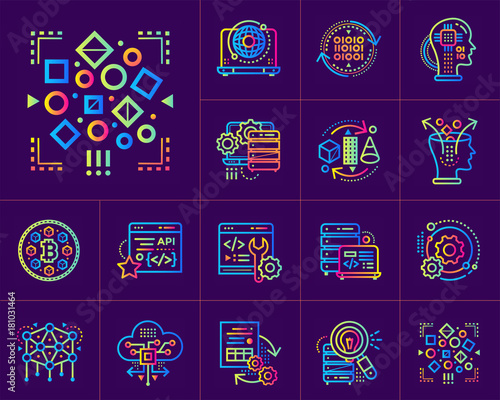 Linear icon set of Data science technology and machine learning process. Material design icon suitable for print, website and presentation