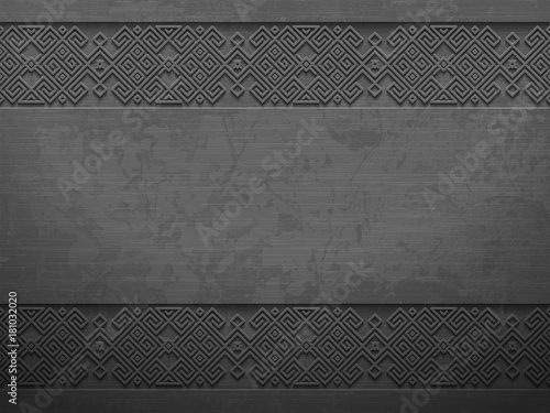 Vector grunge rough dark metal background with scandinavian pattern. Iron material brutal ethnic geometric pattern in norwegian style. Slavic pagan design. Blacksmith viking epic legendary impression.