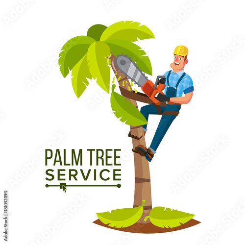 Palm Tree Service Vector. Professional Man. Trimming Tree Or Removal To Tree Pruning. Isolated Flat Cartoon Character Illustration