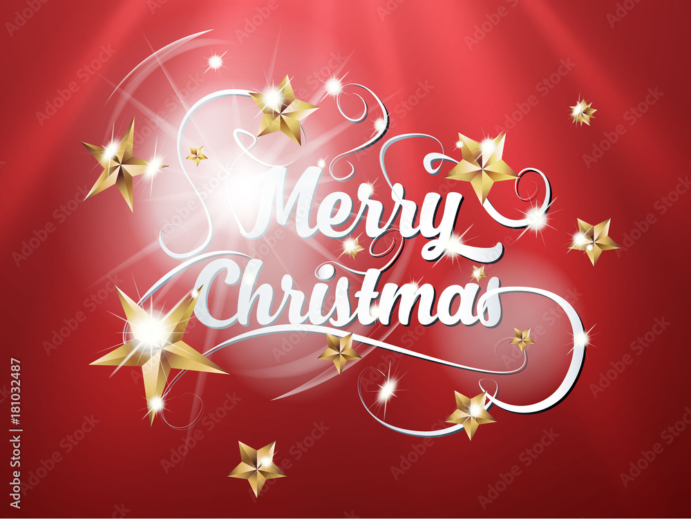 Merry Christmas hand draw lettering text with gold stars on red background and light effect. EPS vector illustration.