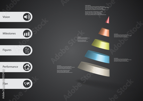 3D illustration infographic template with cone divided to five parts askew arranged