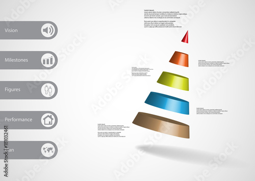 3D illustration infographic template with cone divided to five parts askew arranged