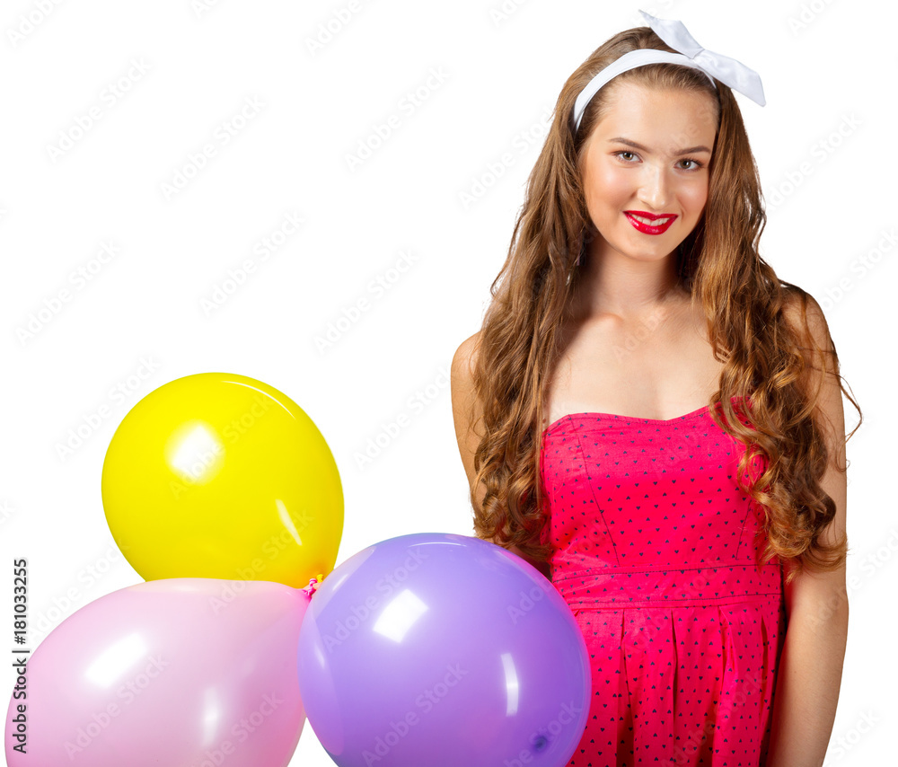 happy woman in dress with helium air balloon happy woman in dress with helium air balloon