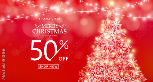 Christmas sale banner. Special offer, discount type text, 50 off