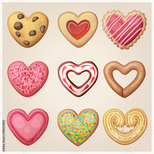 Valentine day cookie set. Heart shaped pastry illustration. Cartoon vector icons