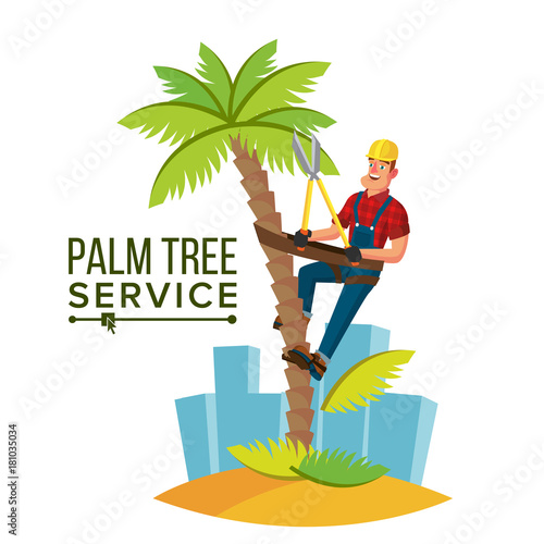 Palm Tree Trimming Vector. Trimming Tree Or Removal To Tree Pruning. Cartoon Character Illustration