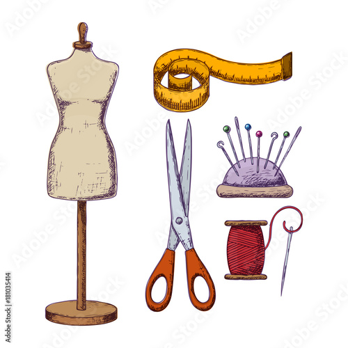Female tailors dummy and accessories for sewing. Vector