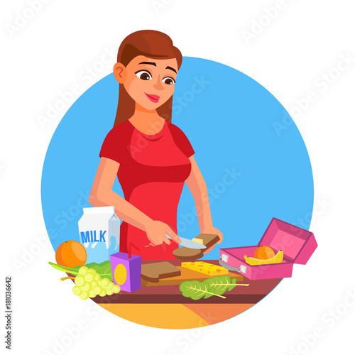 Lunch Box Vector. Woman Making Tasty Vegetarian Lunch. Healthy Food. Mother Making Breakfast For Her Children. Flat Cartoon Illustration