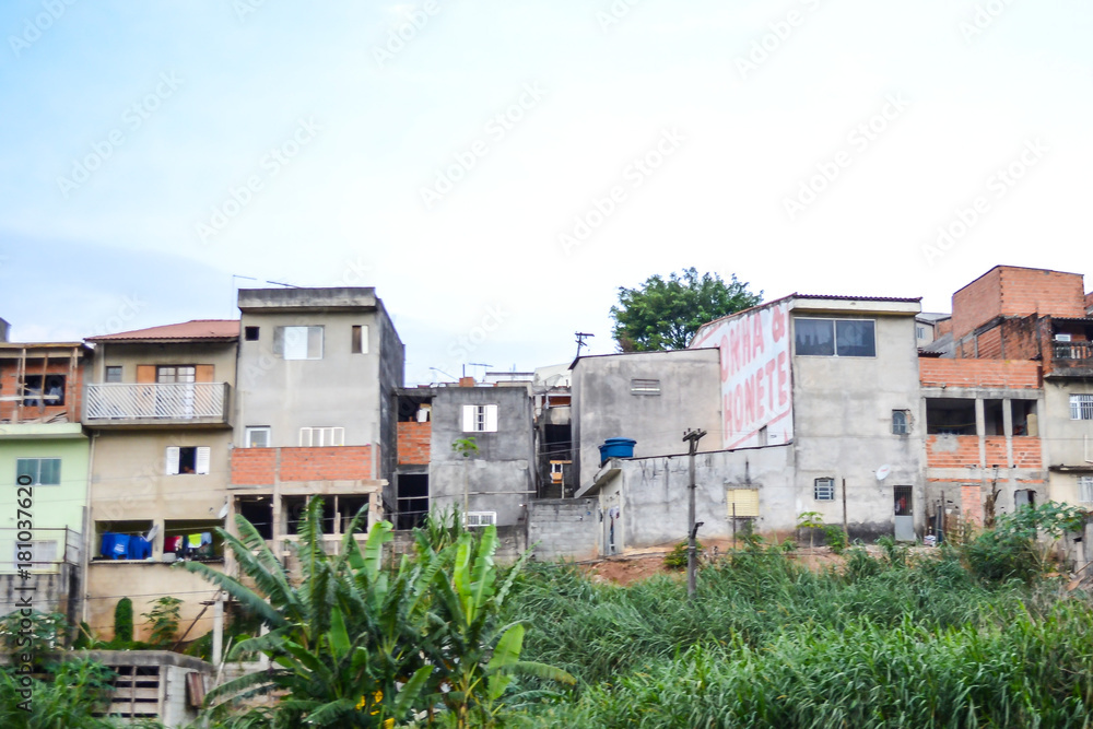 Favela in Sao Paulo suburb, Brazil. A lot of small poor houses