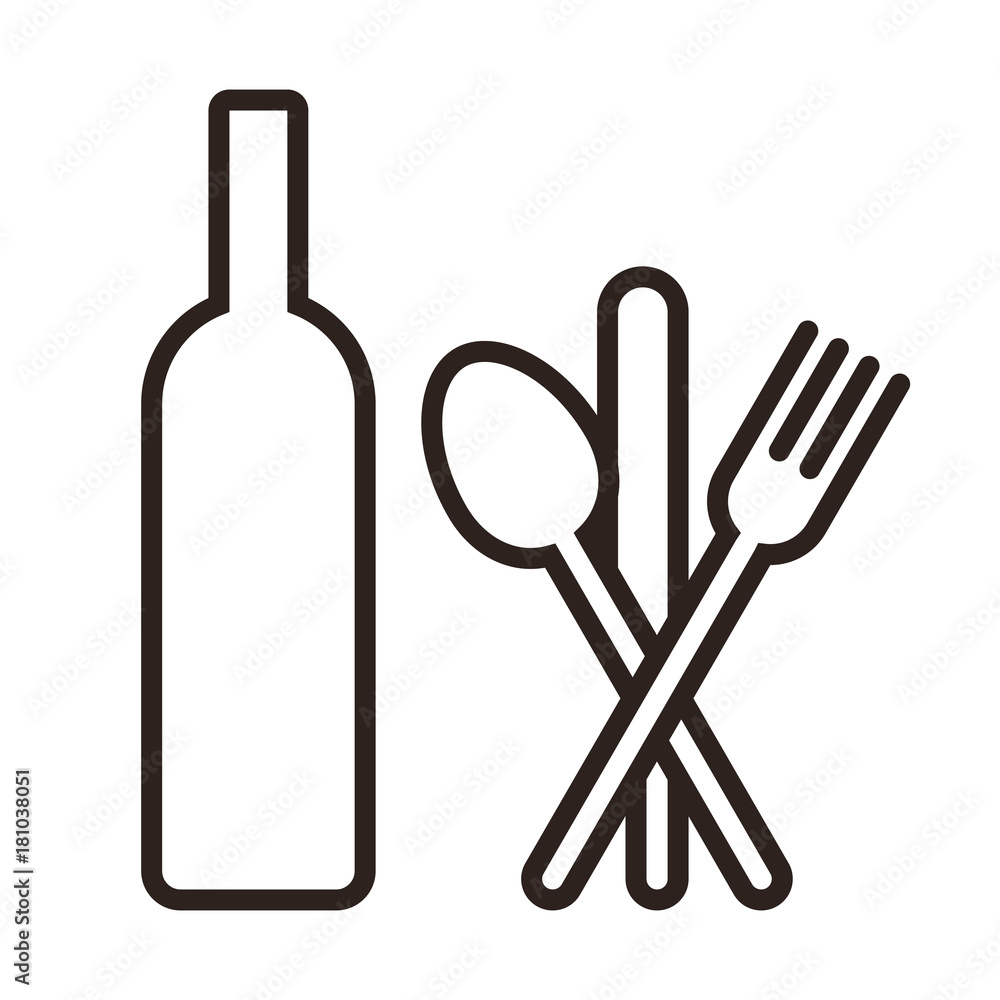 Fototapeta premium Bottle, knife, spoon and fork