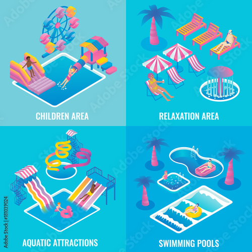 Water park vector flat isometric poster set