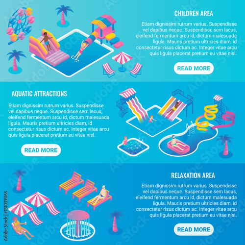 Water park vector flat isometric horizontal banner set
