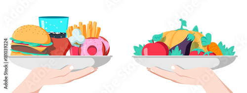 Food choice concept. Two hands with healthy and fresh vegetables and junk unhealthy fast food.
