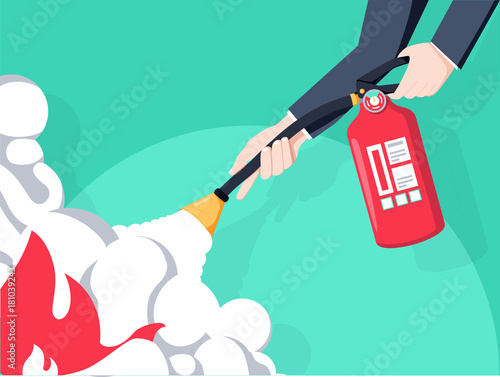 Extinguish fire. Fireman hold in hand fire extinguisher. Vector illustration flat design. Isolated on background.
