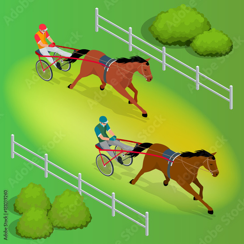 Isometric Jockey and horse. Two racing horses competing with each other. Race in harness with a sulky or racing bike. Vector illustration.