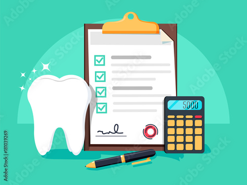 Dental insurance, dental care concept. Dental insurance form, tooth, calculator, pen flat design graphic elements