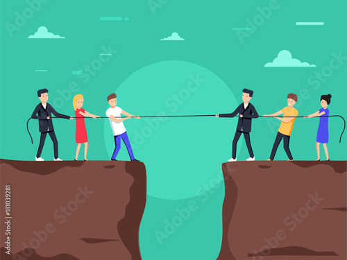 Competition concept. Business people. Businessmen in suit pull the rope at edge of cliff, symbol of rivalry.