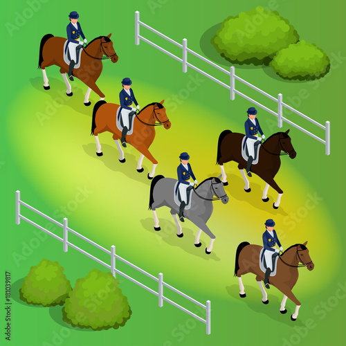 Issometric racehorses and lady jockey in uniform. Equestrian Jumping Athletes Sportswoman Games. Champion. Racing. Harness racing at the Hippodrome. Vector illustration.
