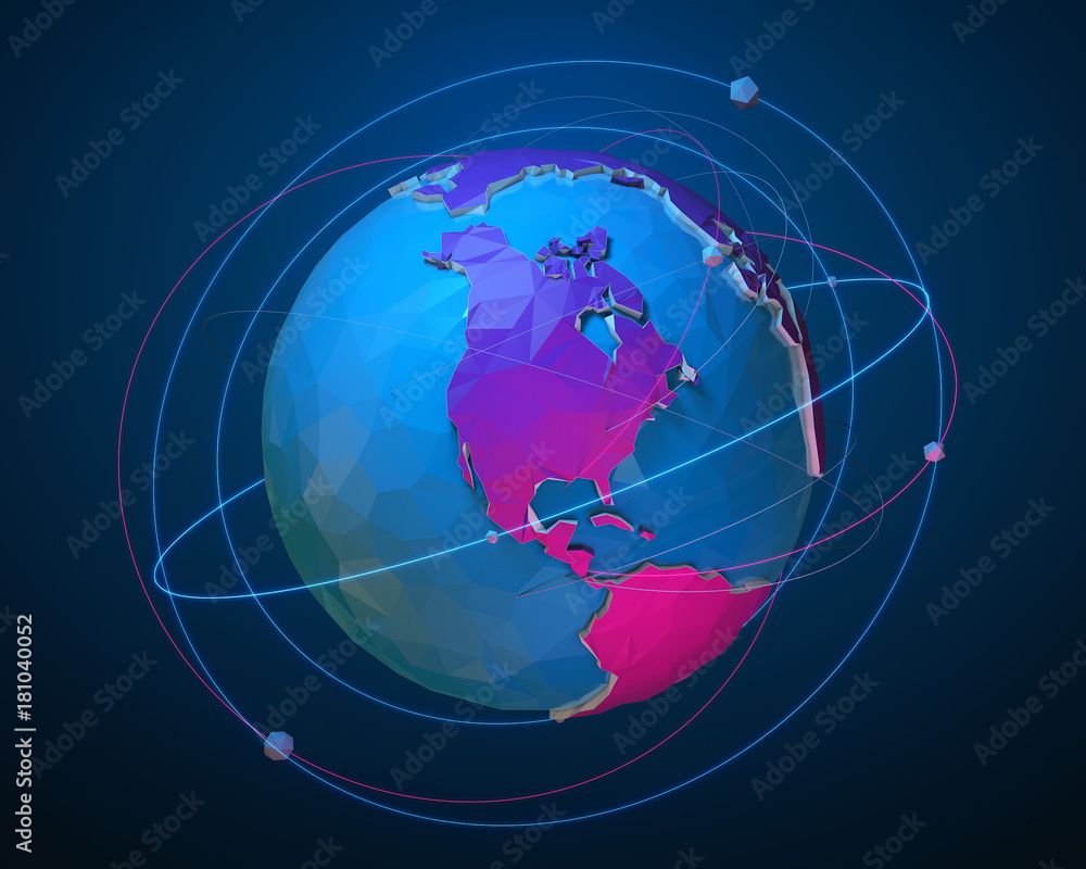 Low poly planet Earth with luminous lines and balls. Concept illustration of flight routes and travels. 3d rendering Low poly planet Earth with luminous lines and balls. Concept illustration of flight routes and travels. 3d rendering