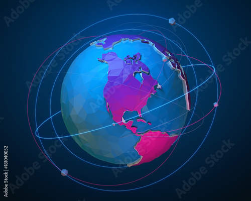 Low poly planet Earth with luminous lines and balls. Concept illustration of flight routes and travels. 3d rendering