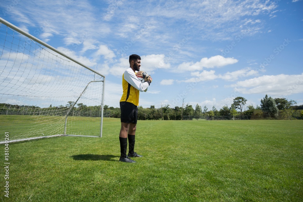 Goalkeeper holding football in front of goal post